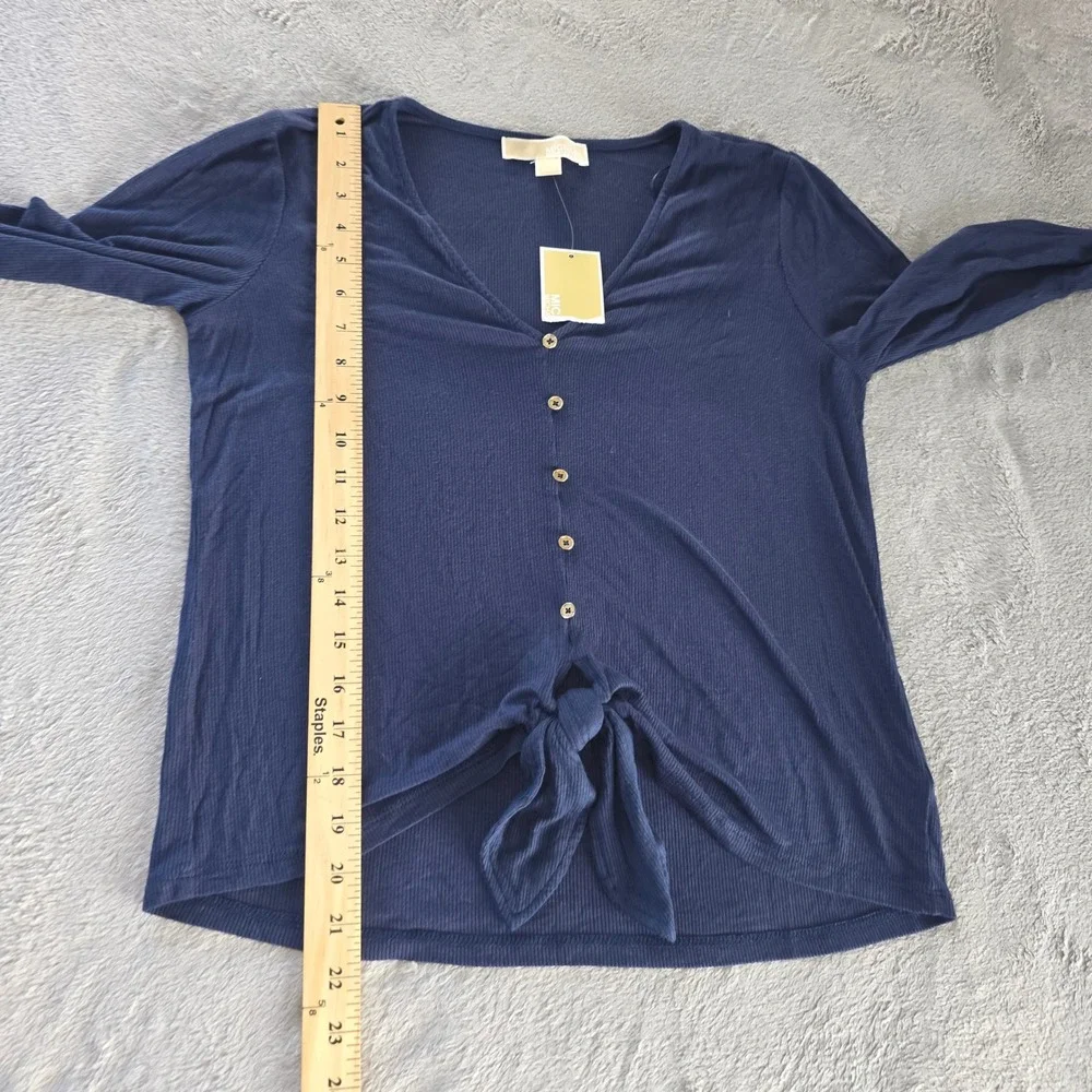 Michael Kors Navy Ribbed Tie Front Button Top Womens Size Medium NWT New